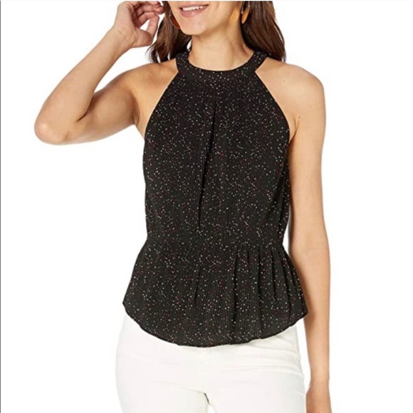 1. State Black Pleated Peplum Tank Dot Print - Picture 1 of 8